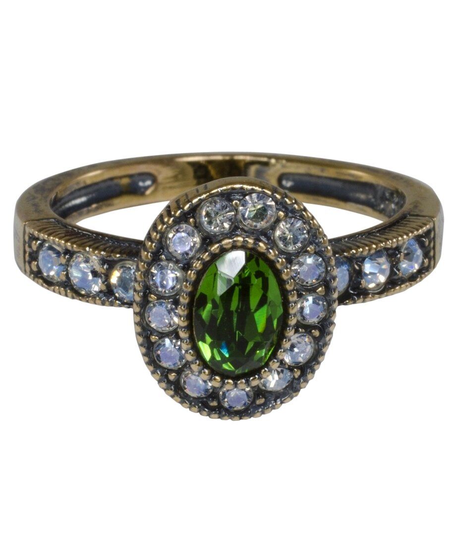 Anillo Roseta con Swarovski Elements verdes y blancos de plata bañada en oro vintage