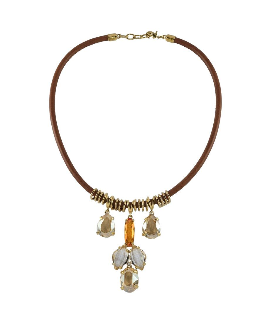 Collar con cristales Swarovski naranjas y dorados de cuero y plata de primera ley bañada en oro amarillo