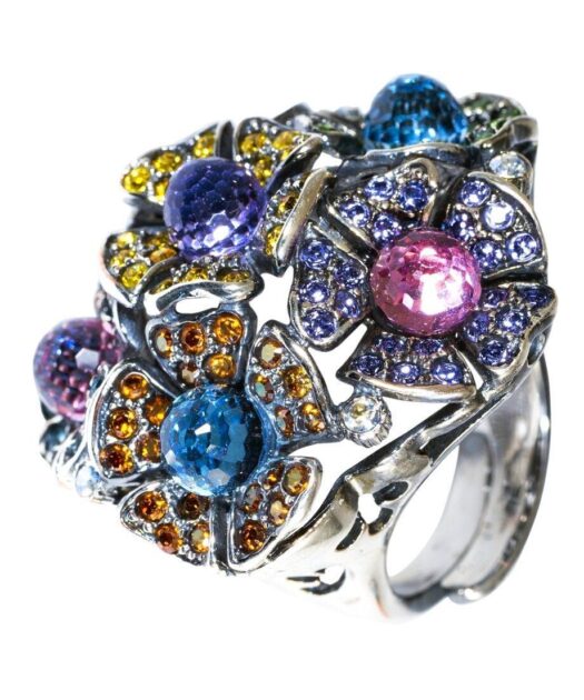 Anillo de flores en plata rodinada con cristales Swarovski