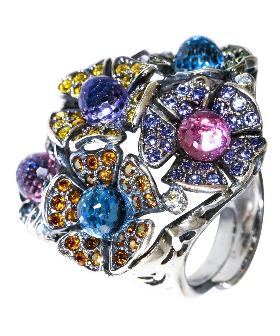Anillo de flores en plata rodinada con cristales Swarovski