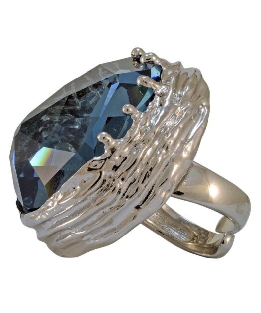 Anillo de plata con cristal Swarovski azul de talla especial y baño de rodio