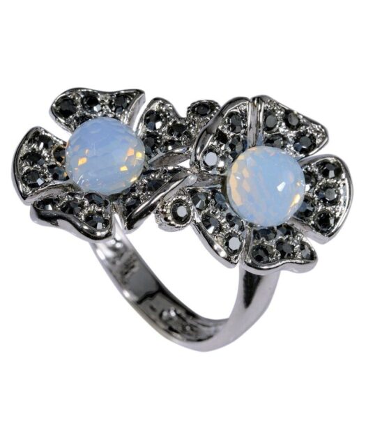 Anillo dos flores de plata rodinada con cristales Swarovski
