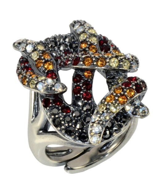Anillo fuego de plata rodinada con cristales Swarovski de colores