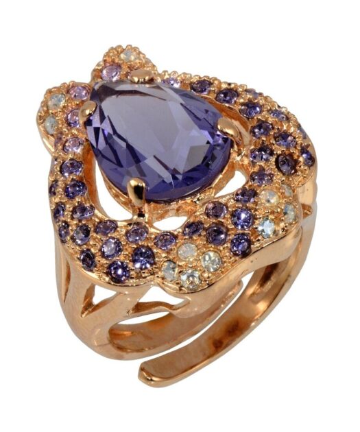 Anillo fuego oro rosa de plata con cristales violetas