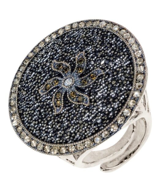 Anillo grande con pavé Swarovski de plata rodinada con flor central