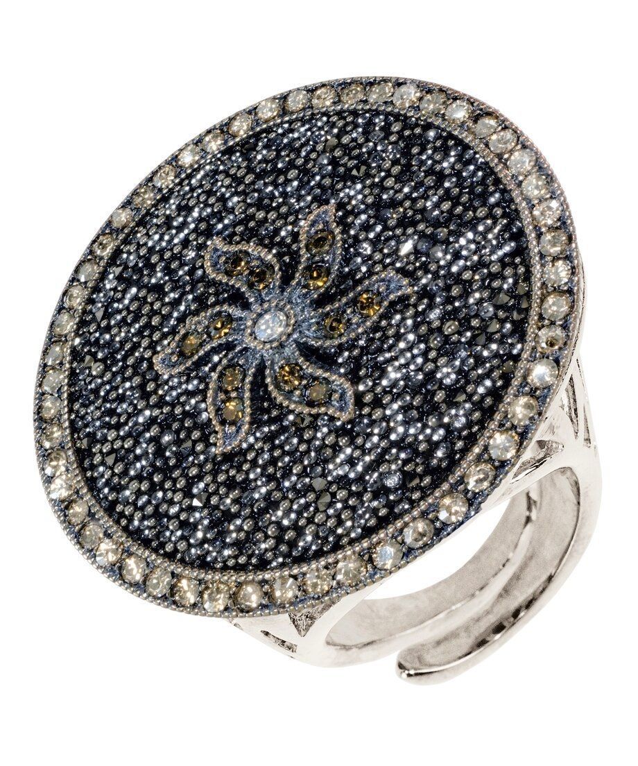 Anillo grande con pavé Swarovski de plata rodinada con flor central Anillo grande con pavé Swarovski de plata rodinada con flor central