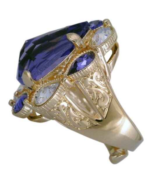Anillo oro amarillo con lágrima violeta de plata de ley con Swarovski Elements