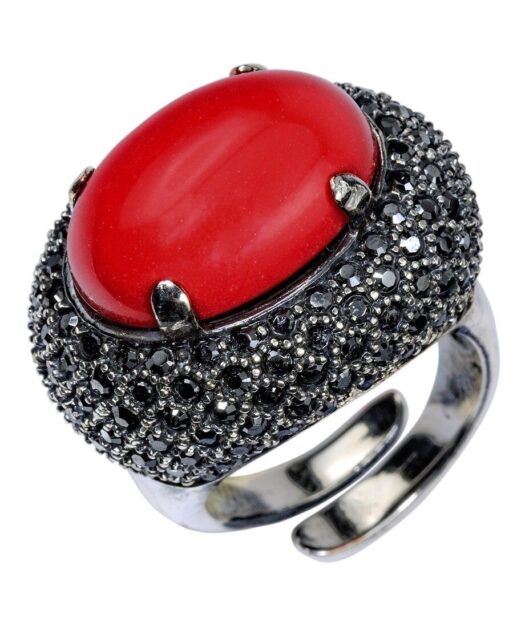 Anillo pavé negro con coral rojo de plata 925 milésimas rodinada