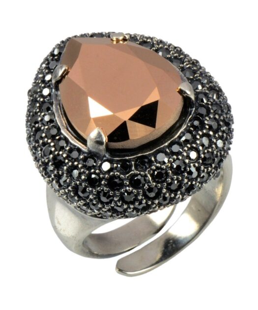 Anillo pavé negro y lágrima marrón de plata de ley bañada en rodio