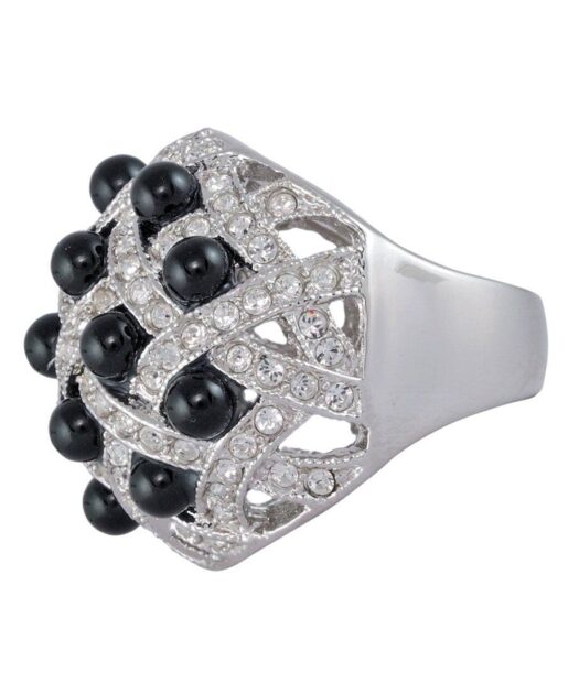Anillo plata con perlas negras y cristales Swarovski blancos
