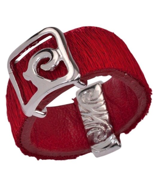 Anillo rojo piel con plata bañada en rodio cerrado