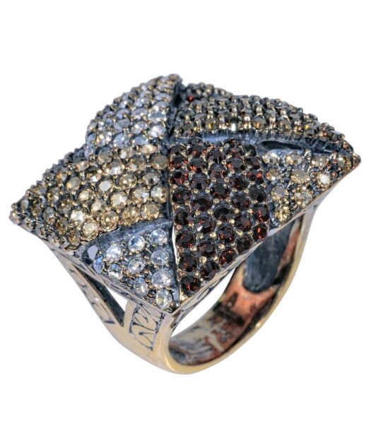 Anillo trenzado cuadrado de plata bañada en oro vintage con Swarovski