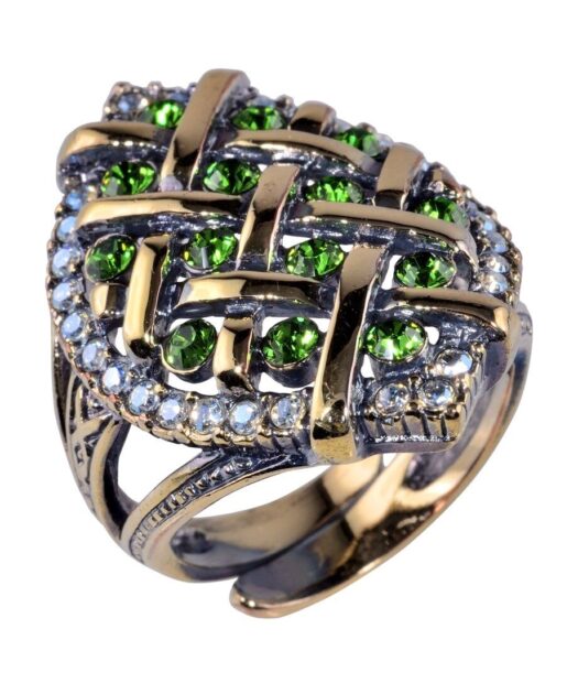Anillo trenzado verde y dorado de plata de ley bañada en oro
