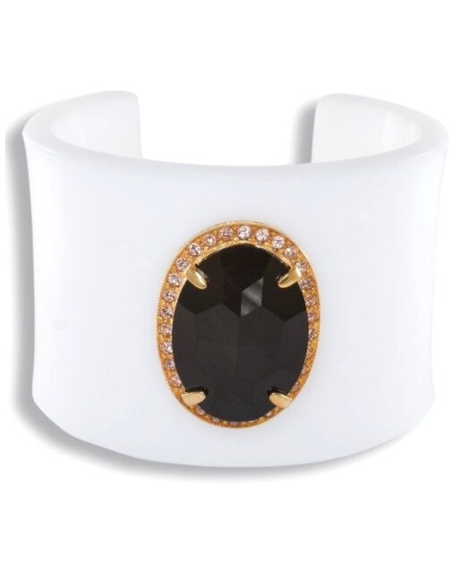 Brazalete blanco con cristal Swarovski negro de plata bañada en oro rosa