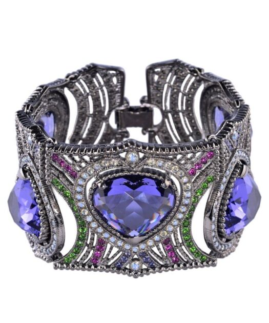 Brazalete de plata ancho con Swarovski Elements violetas, granates y verdes