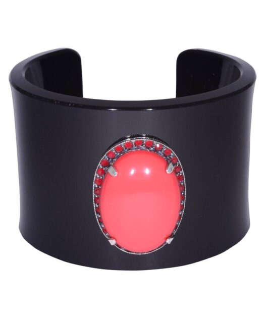 Brazalete negro con coral de plata de ley y metacrilato