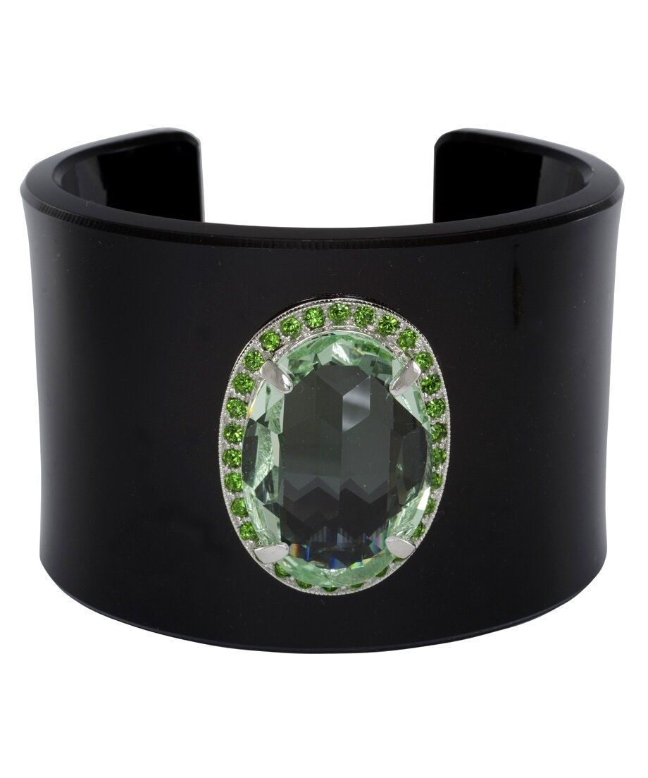 Brazalete negro con cristales Swarovski verdes de plata y metacrilato Brazalete negro con cristales Swarovski verdes de plata y metacrilato
