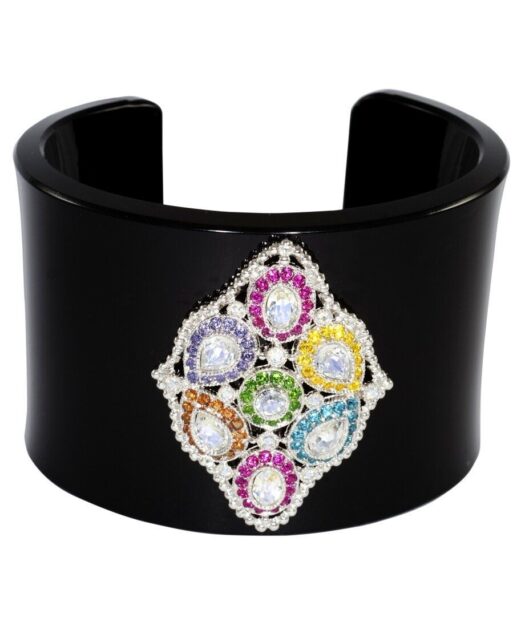 Brazalete negro con Swarovski de colores en plata de ley rodinada