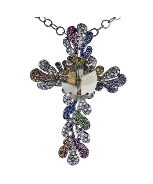 Cruz con cristales Swarovski de colores en plata de ley rodinada