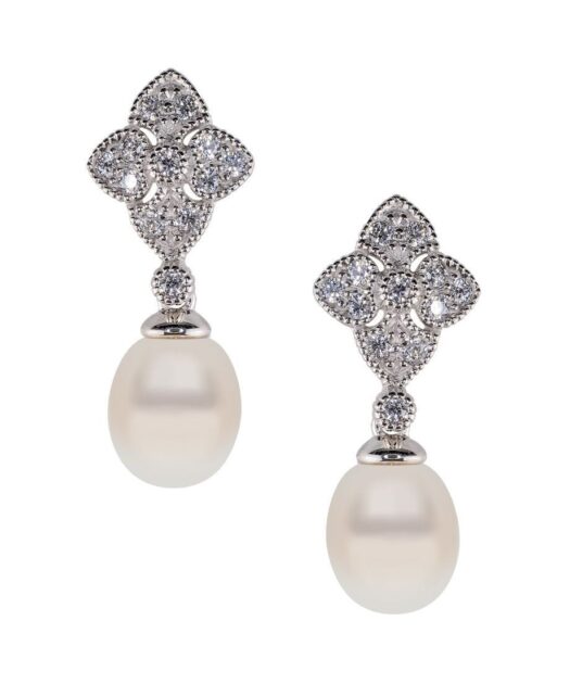 Pendientes circonitas Swarovski y perla de plata bañada en rodio