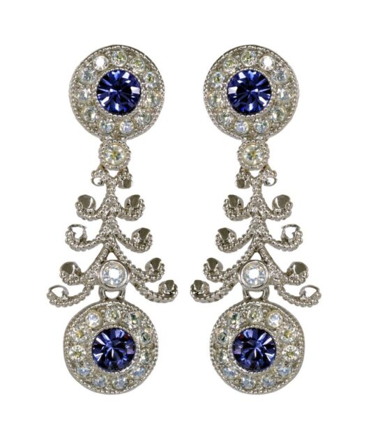 Pendientes con rosetas y filigrana de plata rodinada con cristales azules y blancos