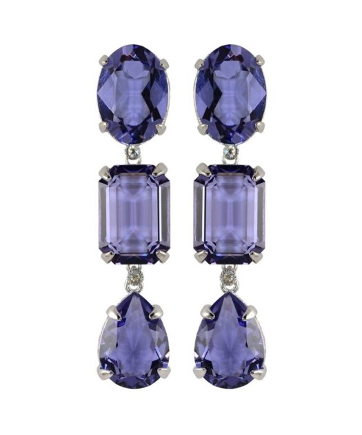 Pendientes con tres cristales Swarovski morados de plata bañada en rodio