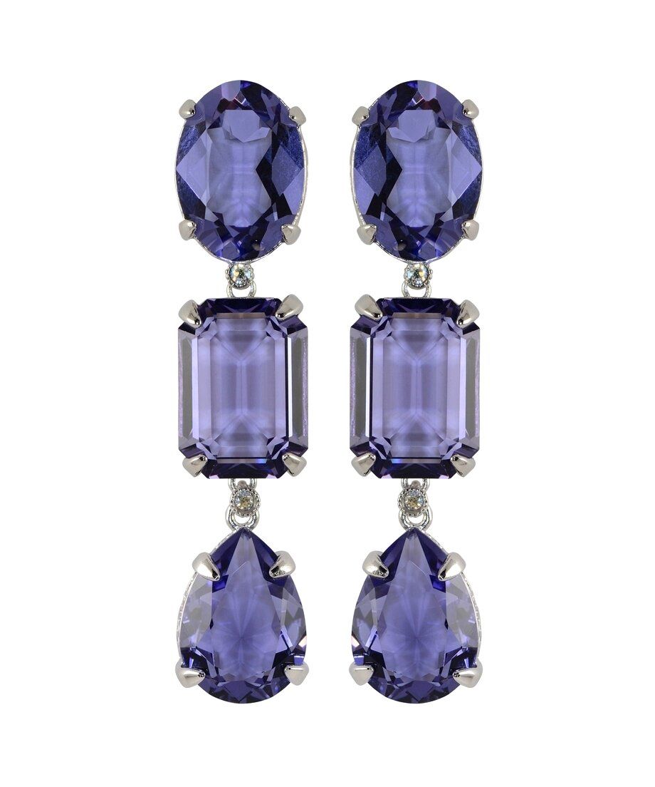 Pendientes con tres cristales Swarovski morados de plata bañada en rodio Pendientes con tres cristales Swarovski morados de plata bañada en rodio