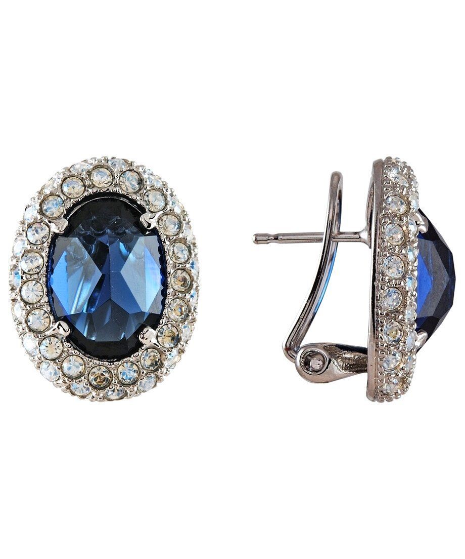 Pendientes cortos con roseta ovalada de color azul fabricados en plata de ley Pendientes cortos con roseta ovalada de color azul fabricados en plata de ley