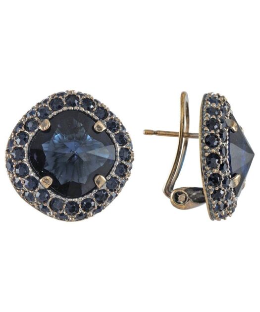 Pendientes cortos con una roseta azul Swarovski de plata bañada en oro vintage