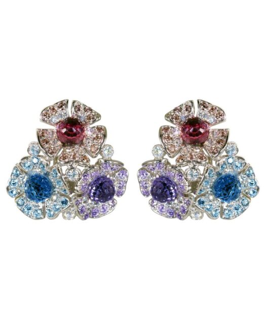 Pendientes cortos de flores de colores en plata de ley con Swarovski Elements