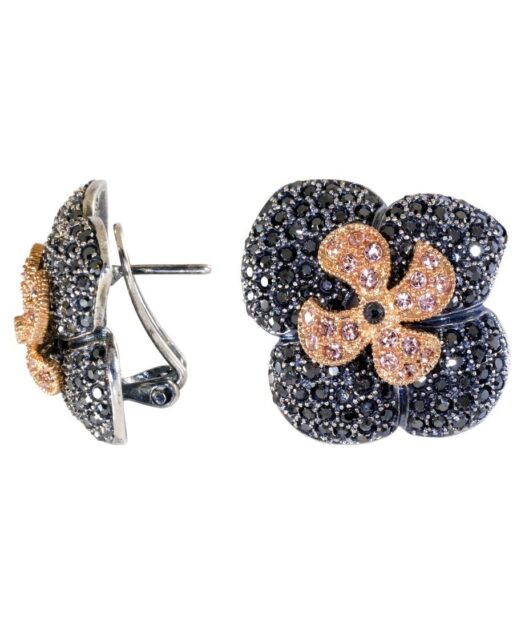 Pendientes de flor negra y rosa fabricados en plata con Swarovski Elements