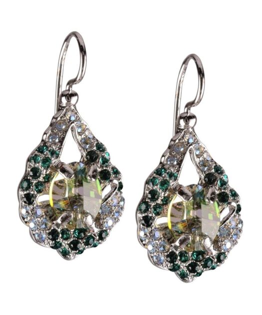 Pendientes de gancho verdes y blancos en plata rodinada con cristal Swarovski