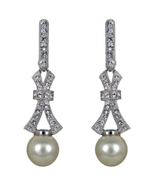 Pendientes de lazo con perla en plata de ley rodinada montada con Swarovski Elements