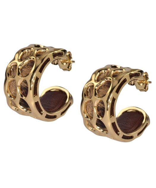 Pendientes de medio aro en piel marrón de plata con un baño de oro amarillo 18 K
