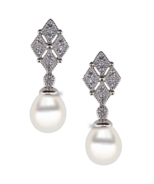 Pendientes de plata con perla blanca y circonitas Swarovski brillantes