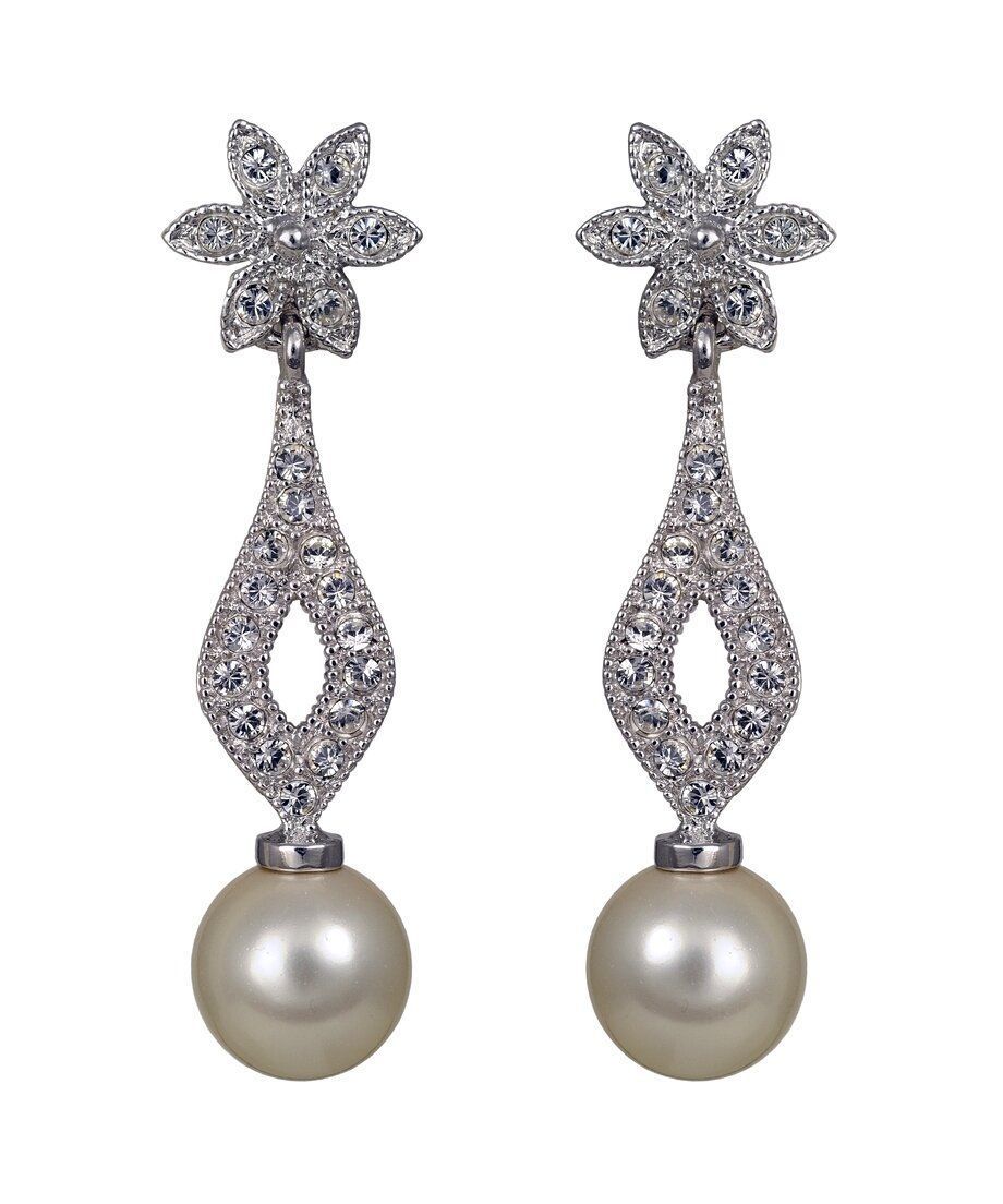 Pendientes de plata con perlas blancas y cristales Swarovski brillantes Pendientes de plata con perlas blancas y cristales Swarovski brillantes