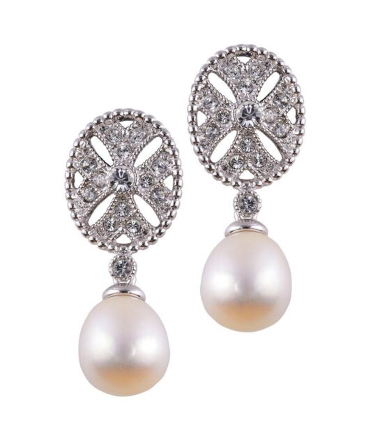 Pendientes de plata con una perla blanca y cristales Swarovski brillantes
