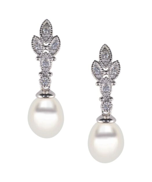Pendientes de plata rodinada con perla blanca y cristales Swarovski Zirconia