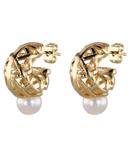 Pendientes de rejilla oro amarillo con perla blanca de plata de ley