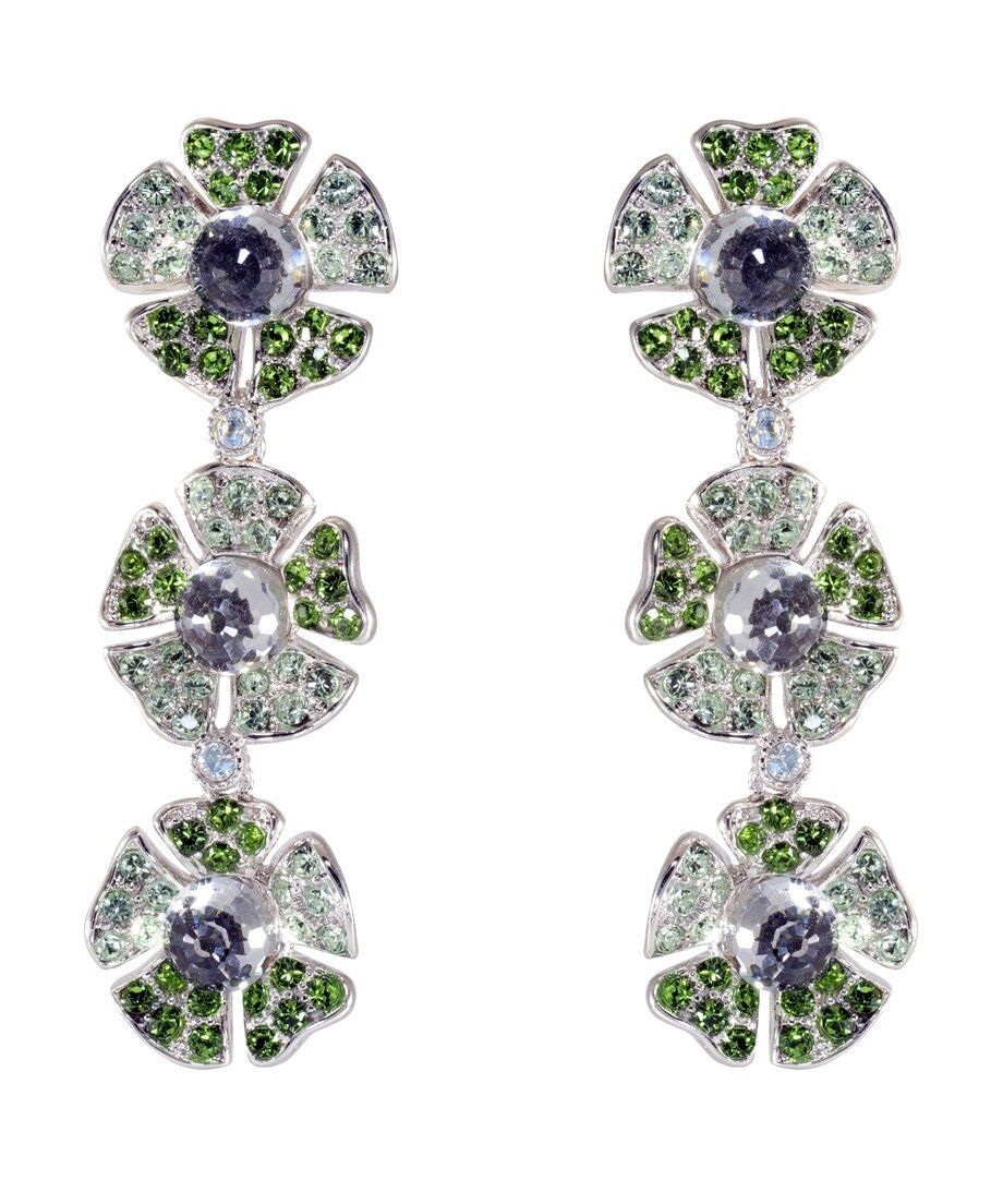 Pendientes de tres flores en plata rodinada con cristales Swarovski