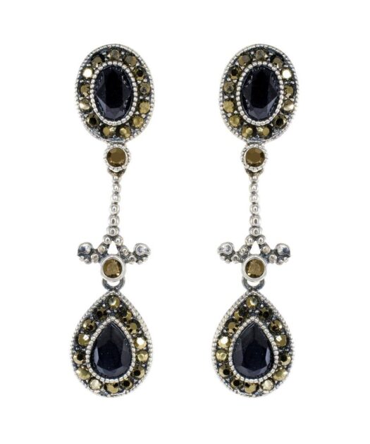 Pendientes dorados y negros con rosetas Swarovski de plata de primera ley