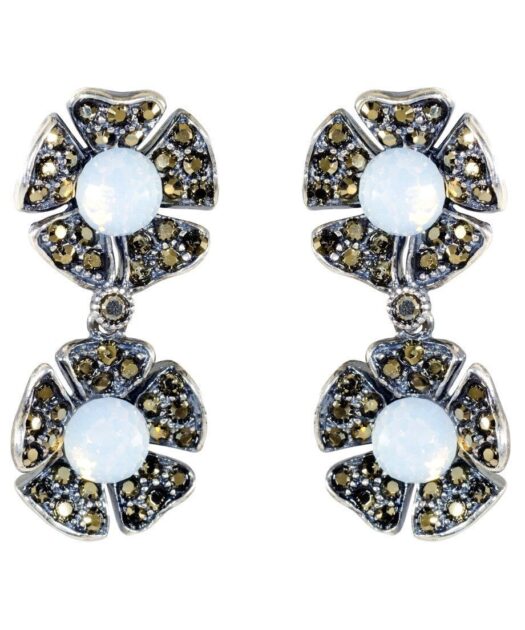 Pendientes dos flores articulados en plata de ley con cristales Swarovski