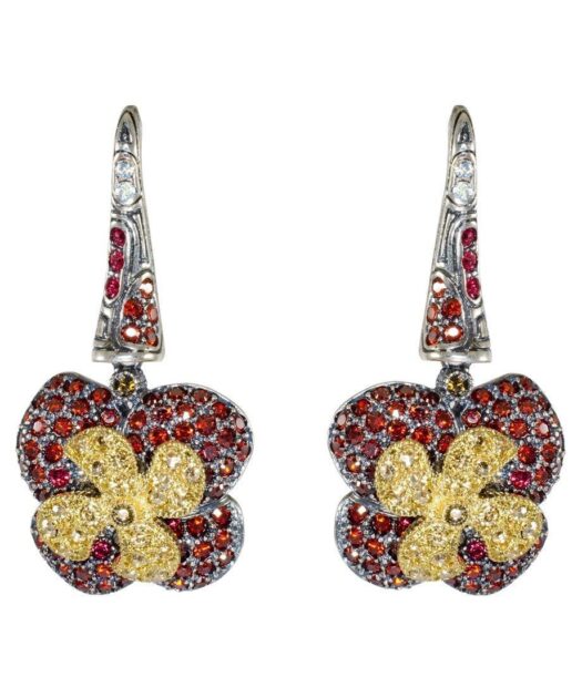 Pendientes flor dorada y roja de plata de ley rodinada