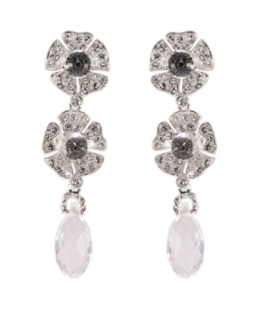 Pendientes flores con lágrima de plata rodinada con cristales Swarovski
