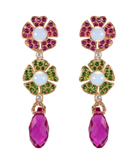 Pendientes flores verdes y fucsias de plata con un baño de oro amarillo