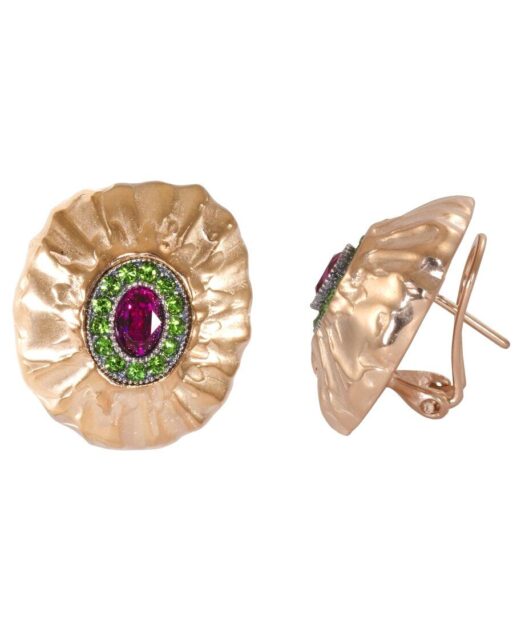 Pendientes fusión oro rosa de plata con Swarovski Elements verdes y fucsias