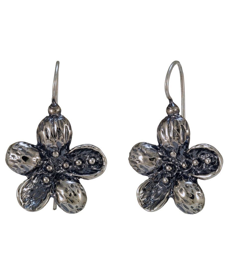 Pendientes gancho plata envejecida con forma de flor de cinco pétalos Pendientes gancho plata envejecida con forma de flor de cinco pétalos