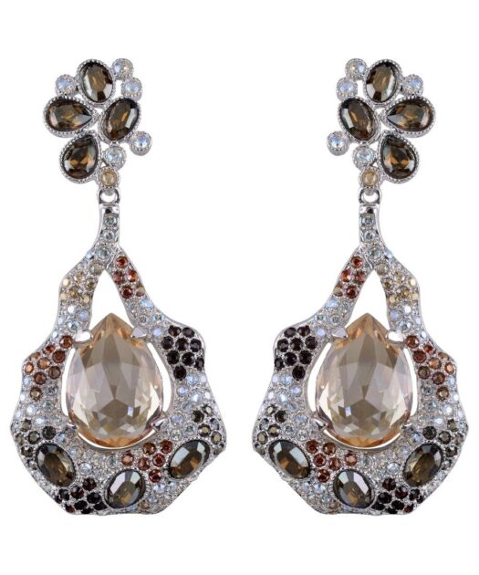 Pendientes grandes con cristales Swarovski marrones de plata rodinada