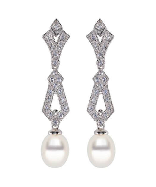 Pendientes largos circonitas con perlas de plata de ley rodinada