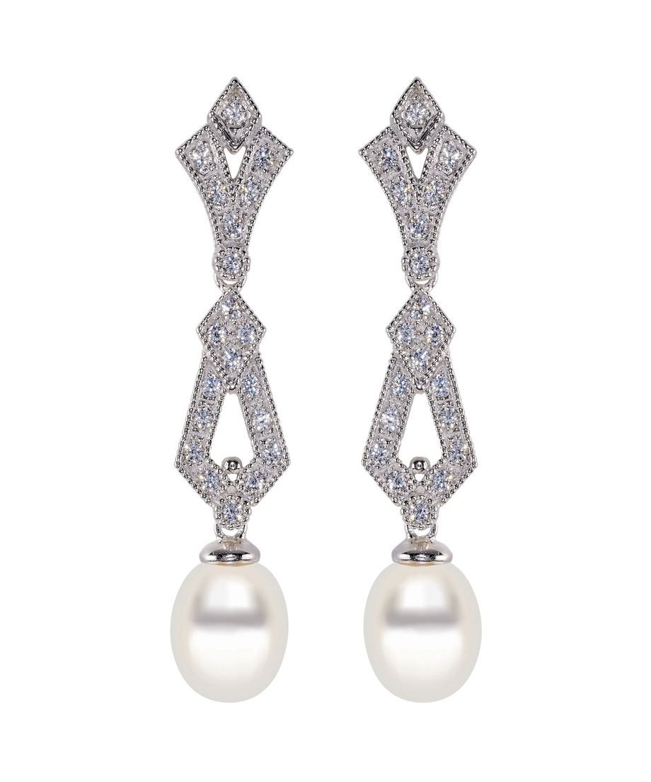 Pendientes largos circonitas con perlas de plata de ley rodinada Pendientes largos circonitas con perlas de plata de ley rodinada